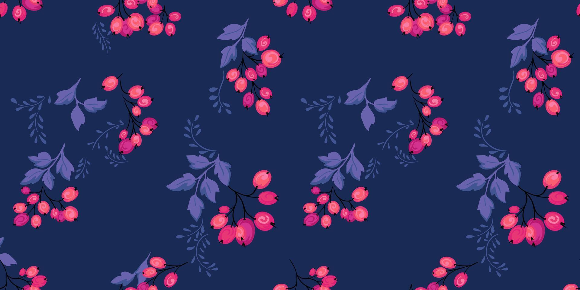Colorful creative branches of abstract cute berries with tiny leaves seamless pattern on a dark blue background. Vector hand drawn  juniper, boxwood, viburnum, barberry.Collage for designs