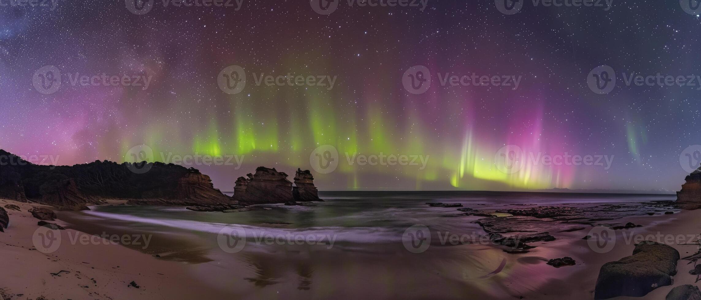 ai generado Aurora australiano. espectacular monitor de vibrante verde y rosado luces pintura el noche cielo encima un australiano playa. estrellas centelleo como olas suavemente caricia el rocoso orilla. foto