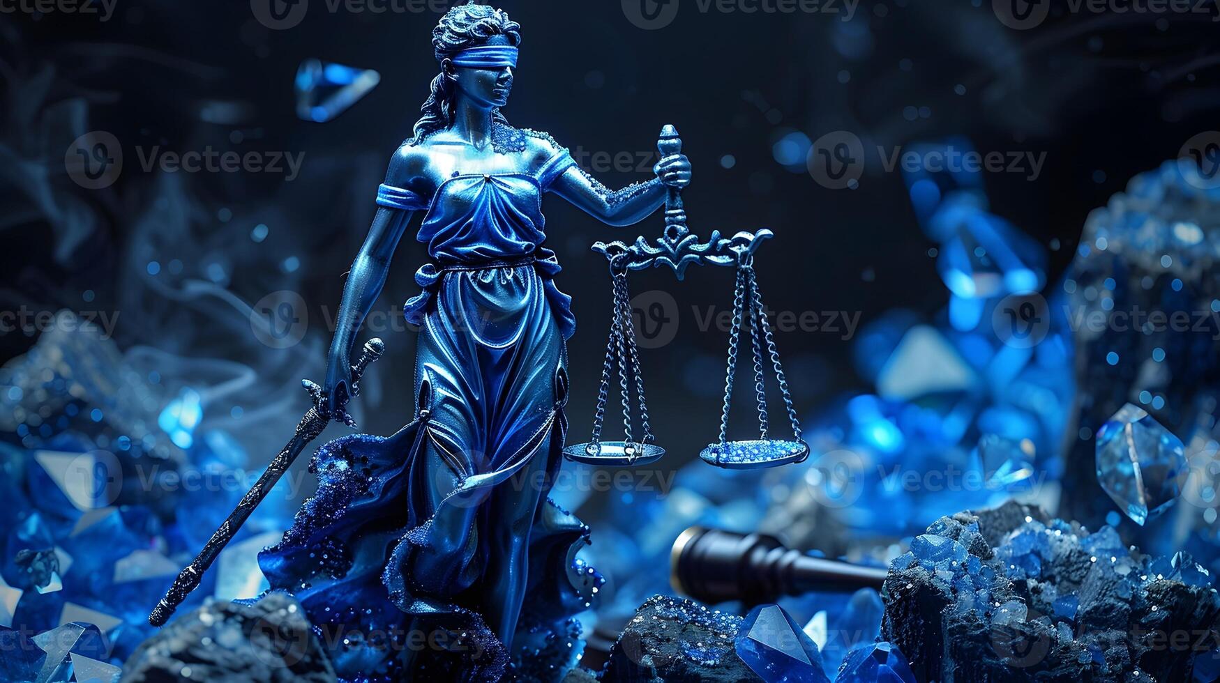 AI generated Sapphire-encrusted Scales of Justice Statue Symbolizing Impartiality and Law photo