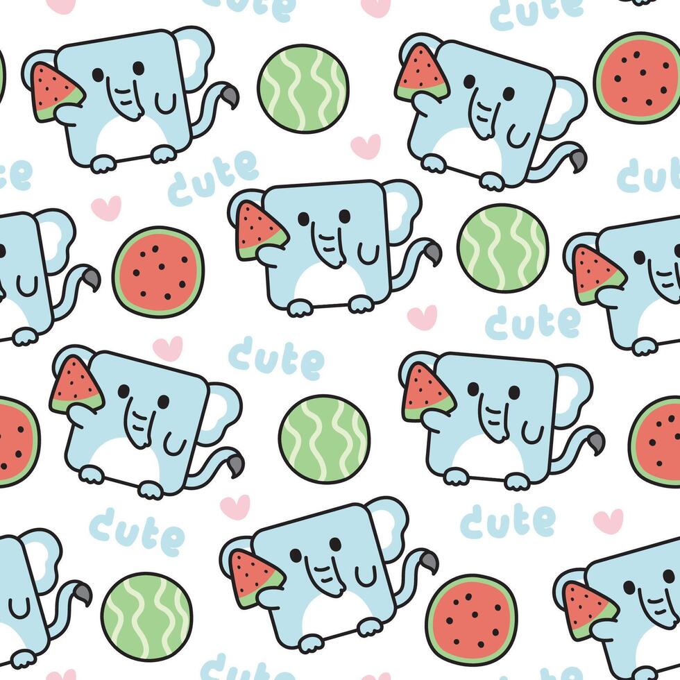 Seamless pattern of cute elephant in square shape with watermelon on white background.Fruit.Heart.Wild animal character cartoon design.Clothing print screen.Baby graphic.Kawaii.Vector vector