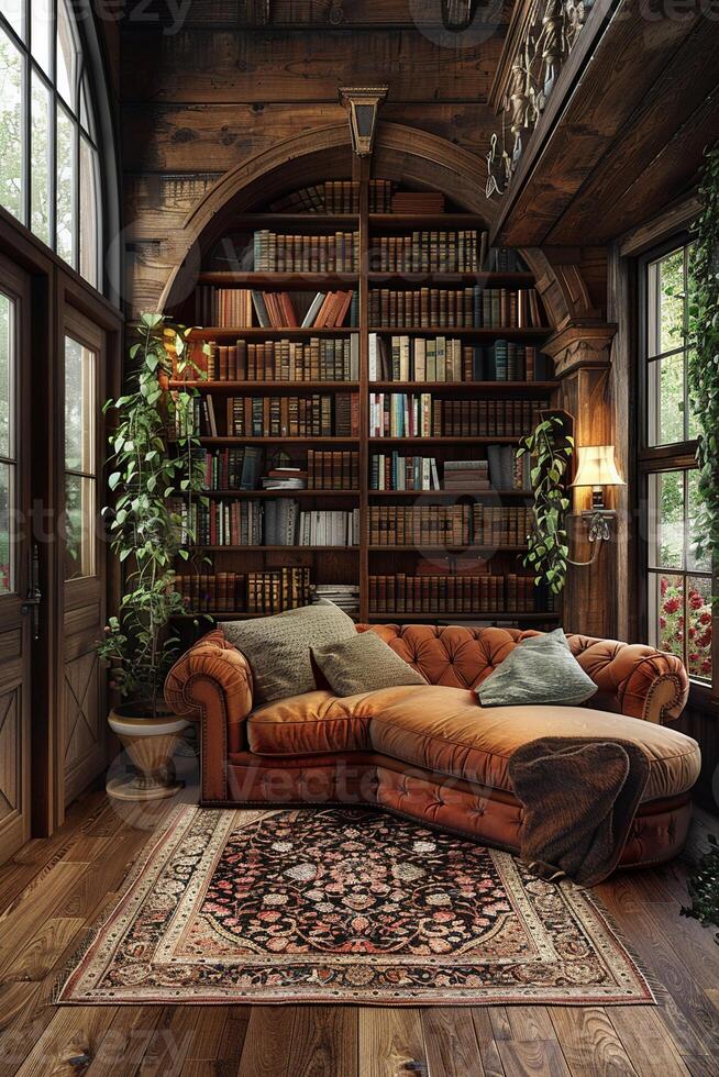 AI Generated Secret attic reading room hidden behind a bookcase3D render photo