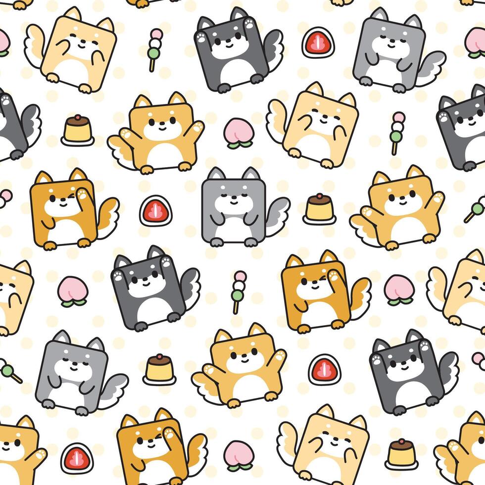 Seamless pattern of cute shiba inu dog in square shape with dessert on pastel dot white background.Japanese animal character and sweet design.Clothing.Print screen.Baby graphic.Kawaii.Vector. vector