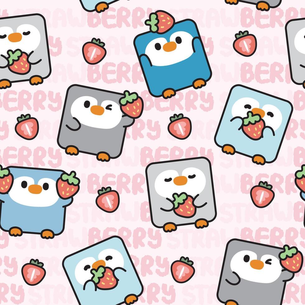 Seamless pattern of cute penguin in square shape with strawberry on pastel background.Bird  animal character cartoon design.Fruit.Clothing.Print screen.Baby graphic.Kawaii.Vector. vector