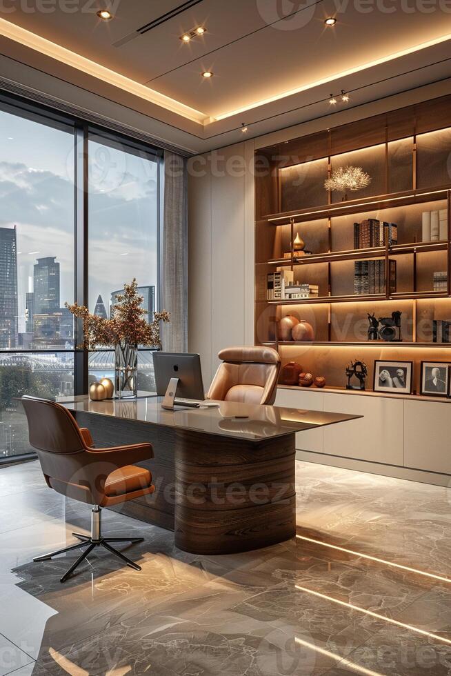 AI Generated Sleek home office with a glass desk and minimalist shelving3D render photo