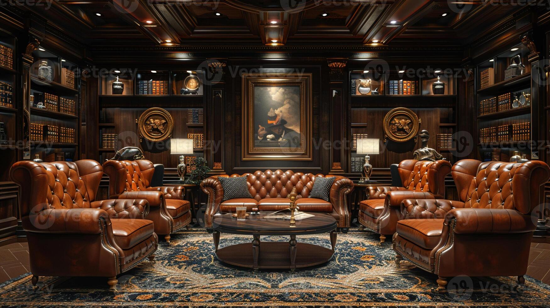 AI Generated Sophisticated cigar lounge with rich leather chairs and wood accents3D render photo