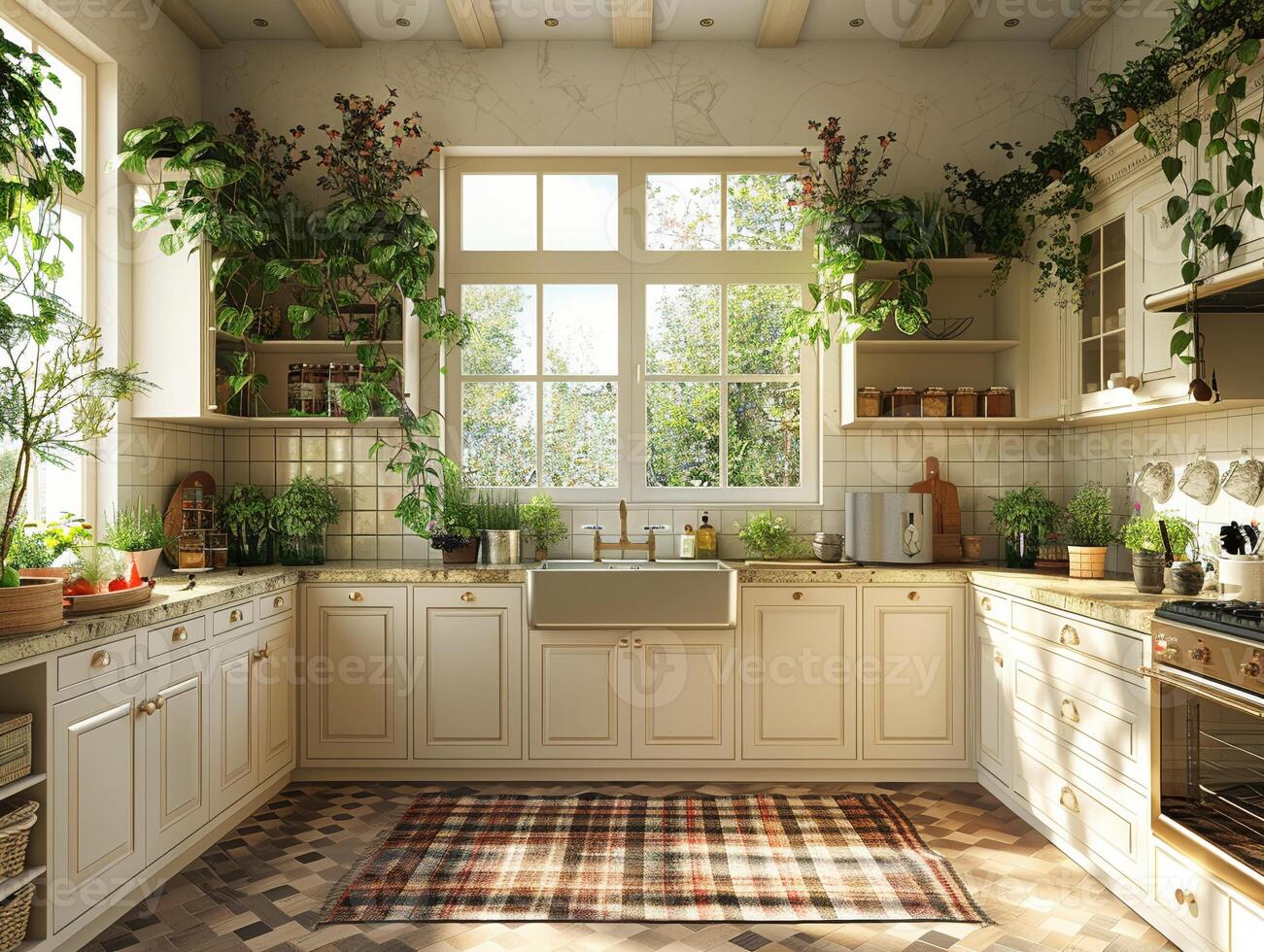 AI Generated Southern-style kitchen with a farmhouse sink and checkered curtains3D render. photo
