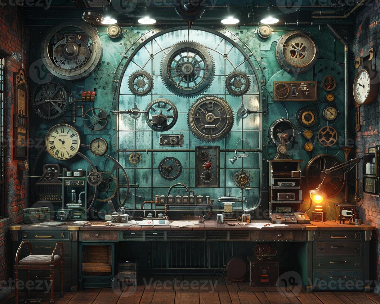 AI Generated Steampunk inventors lab with gears levers photo