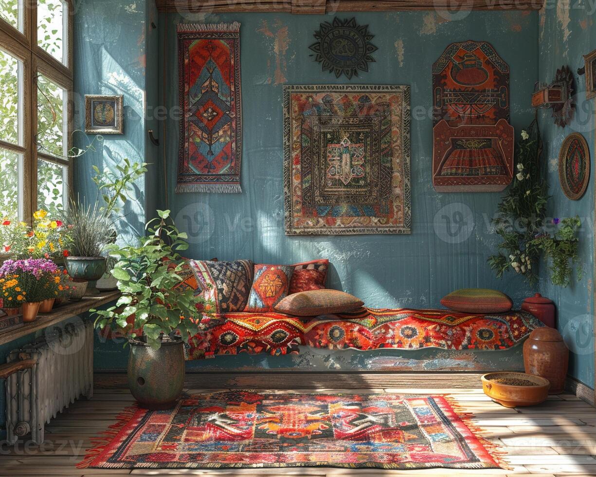 AI Generated Traditional Russian dacha with folk art and a samovar3D render. photo