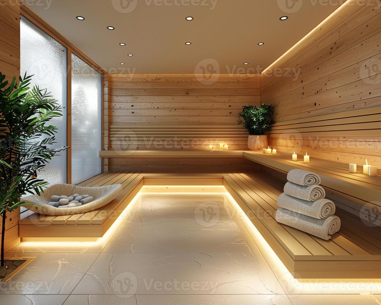 AI Generated Traditional Scandinavian sauna with sleek wood finishes and minimalistic design.3D render. photo