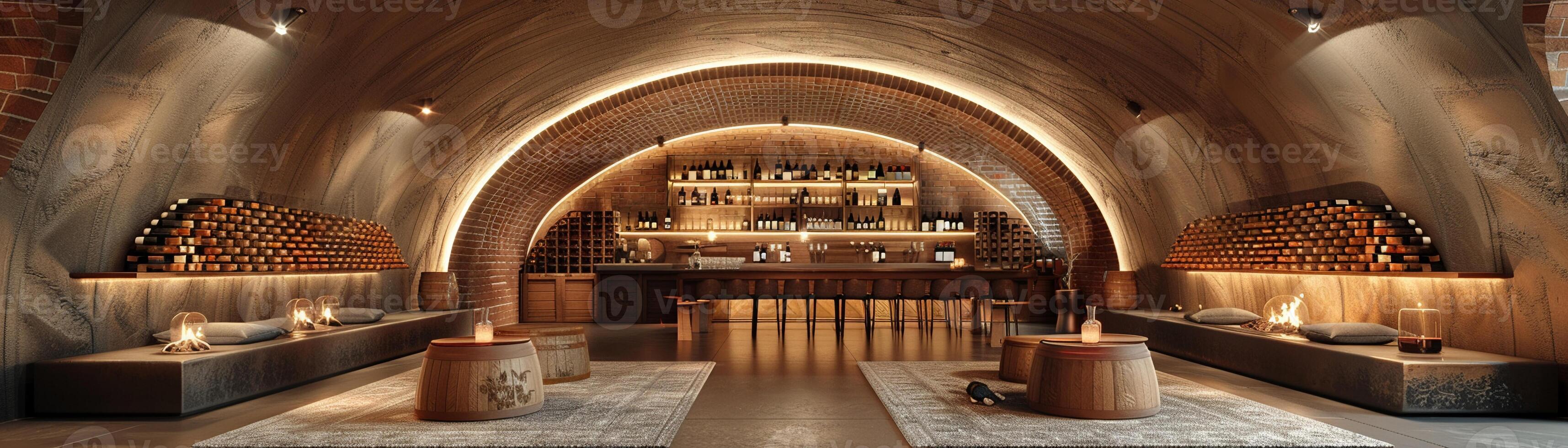 AI Generated Underground wine cellar with vaulted ceilings and tasting tables3D render. photo