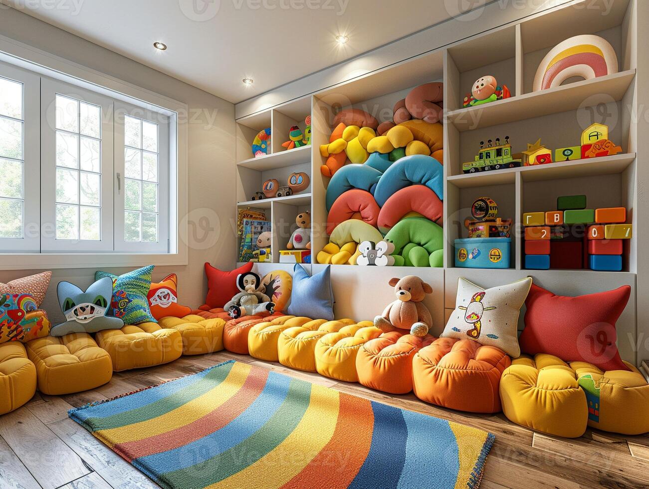 AI Generated Vibrant playroom with wall murals and creative storage solutions3D render photo