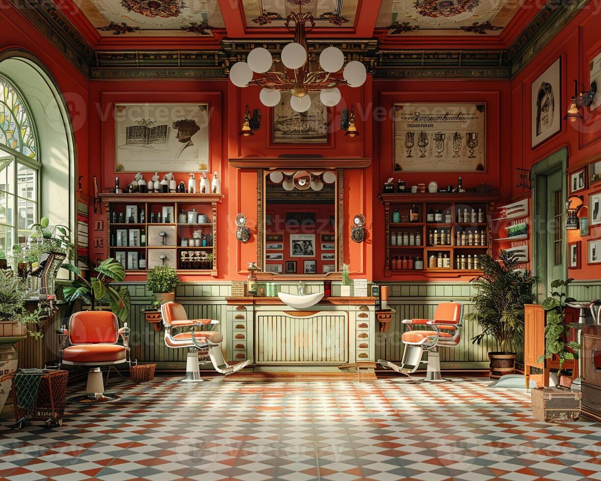 AI Generated Vintage barbershop interior with classic chairs and nostalgic decor3D render photo