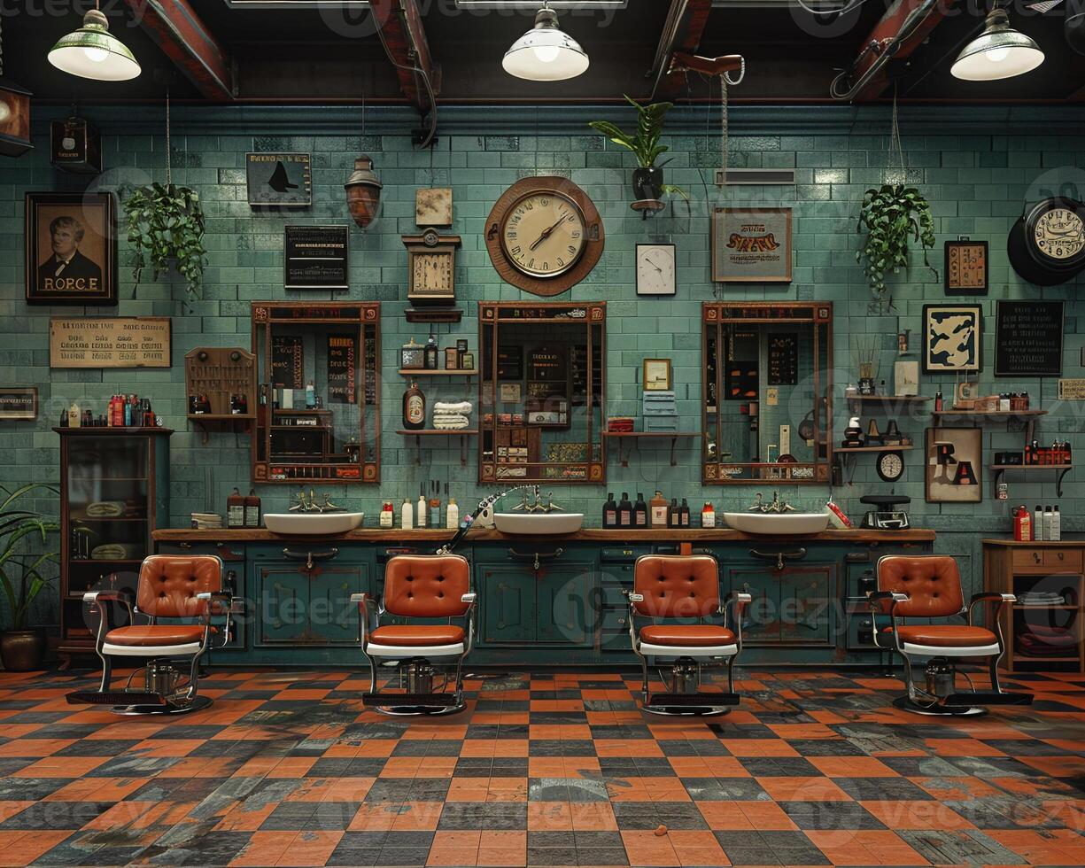 AI Generated Vintage barbershop interior with classic chairs and nostalgic decor3D render photo