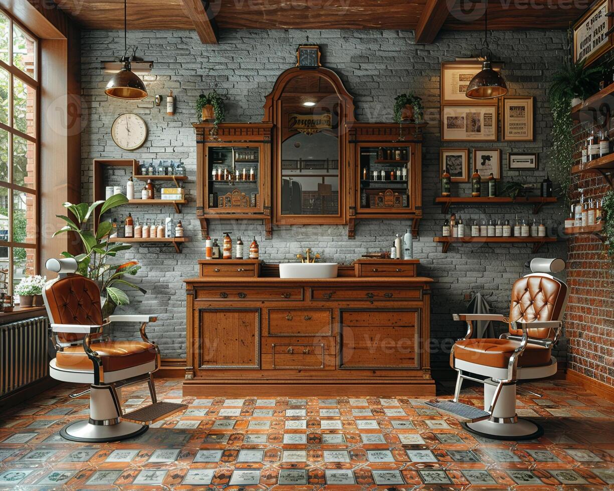 AI Generated Vintage barbershop interior with classic chairs and nostalgic decor3D render photo