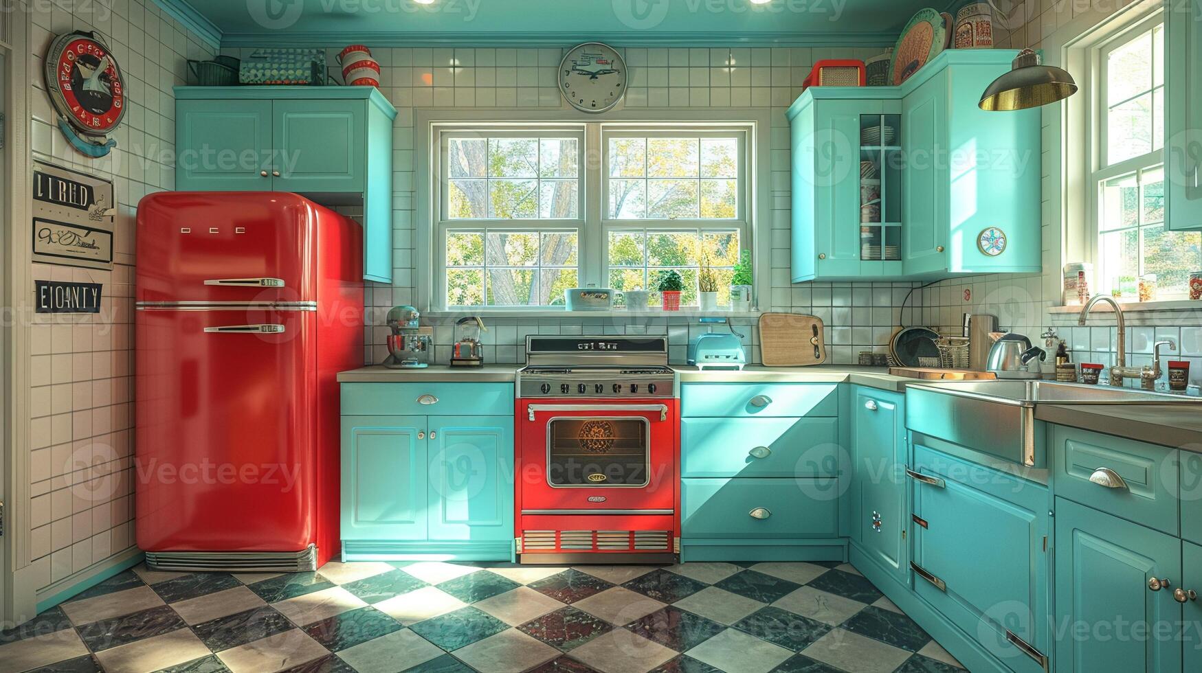 AI Generated Vintage diner-inspired kitchen with checkered floors and retro appliances3D render photo
