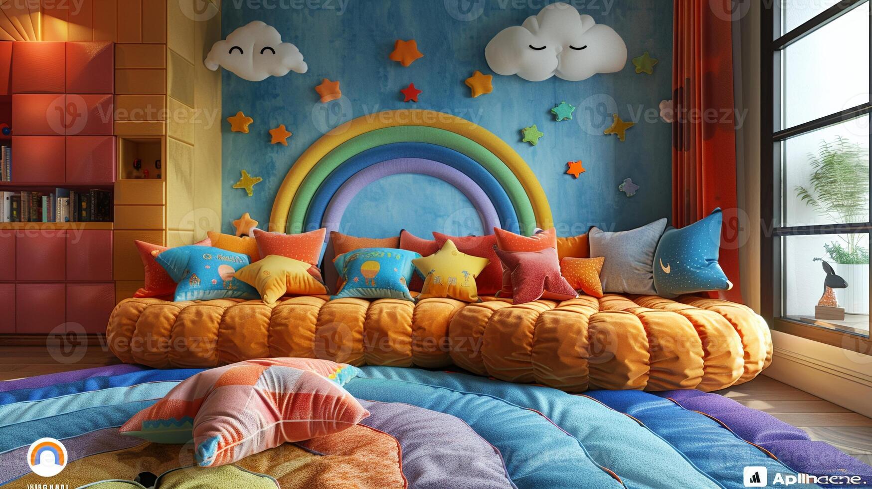 AI Generated Whimsical childrens playroom with bright colors and imaginative decor3D render photo