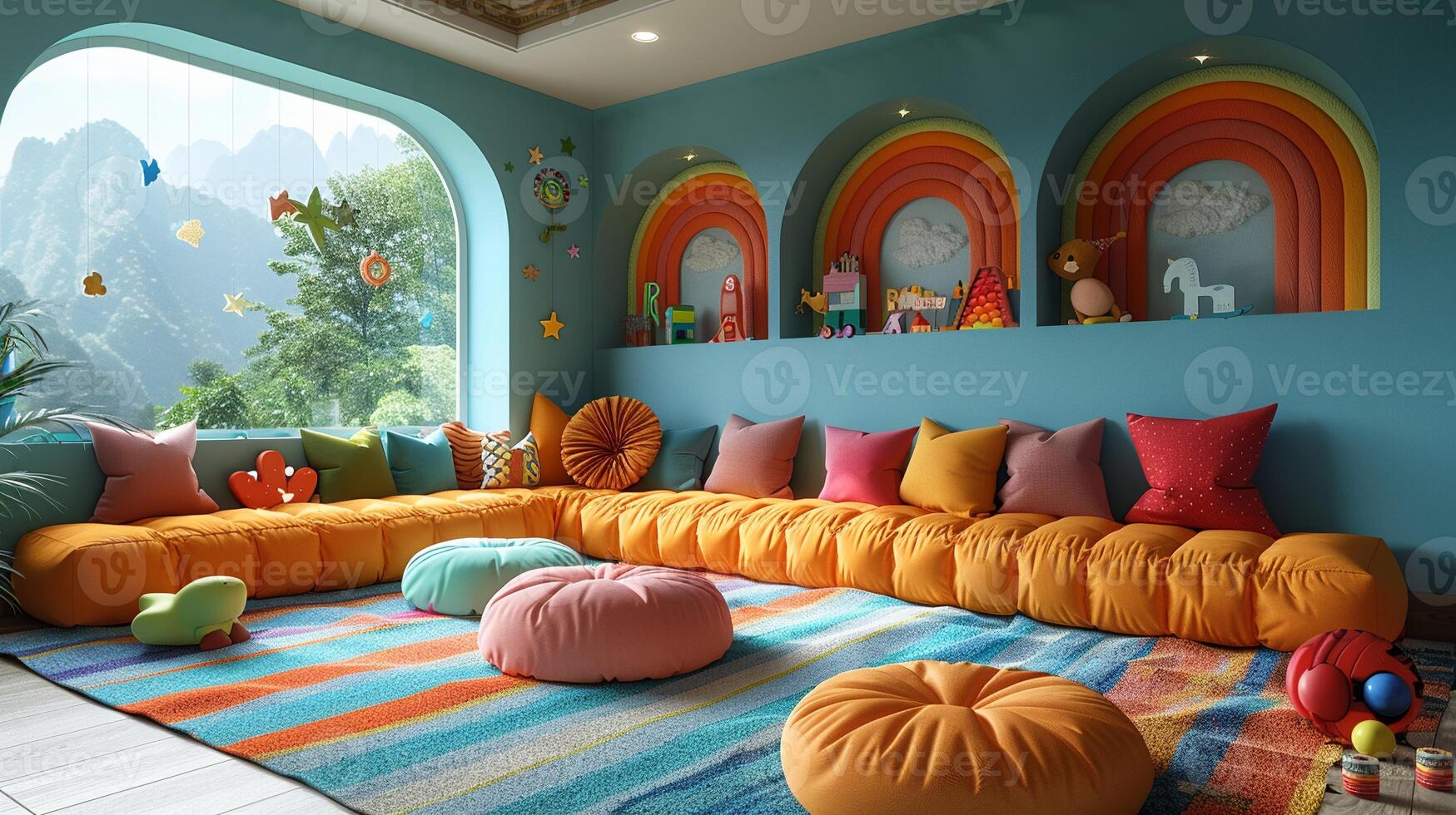 AI Generated Whimsical childrens playroom with bright colors and imaginative decor3D render photo