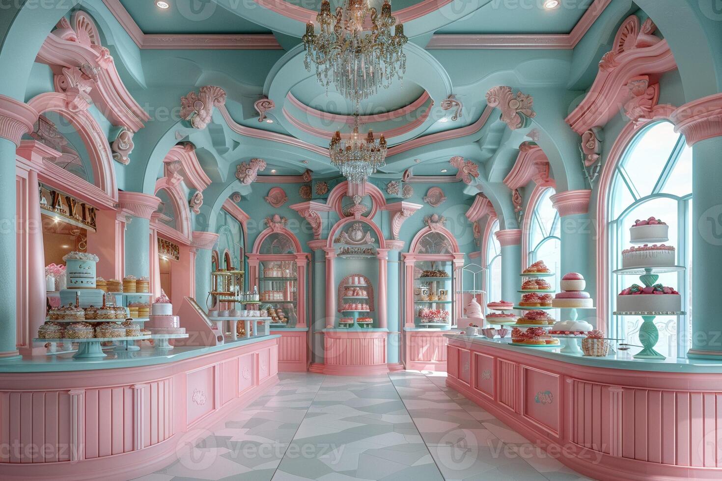 AI Generated Whimsical cake shop with pastel colors and ornate cake stands3D render photo