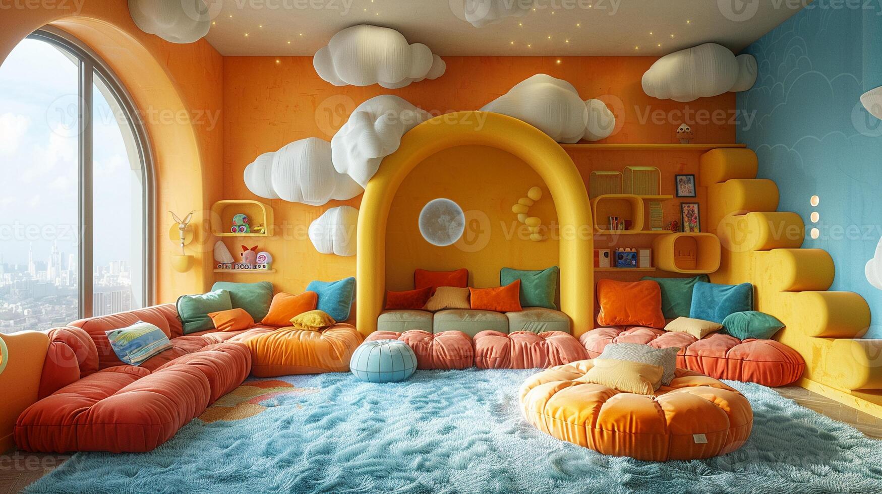 AI Generated Whimsical childrens playroom with bright colors and imaginative decor3D render photo