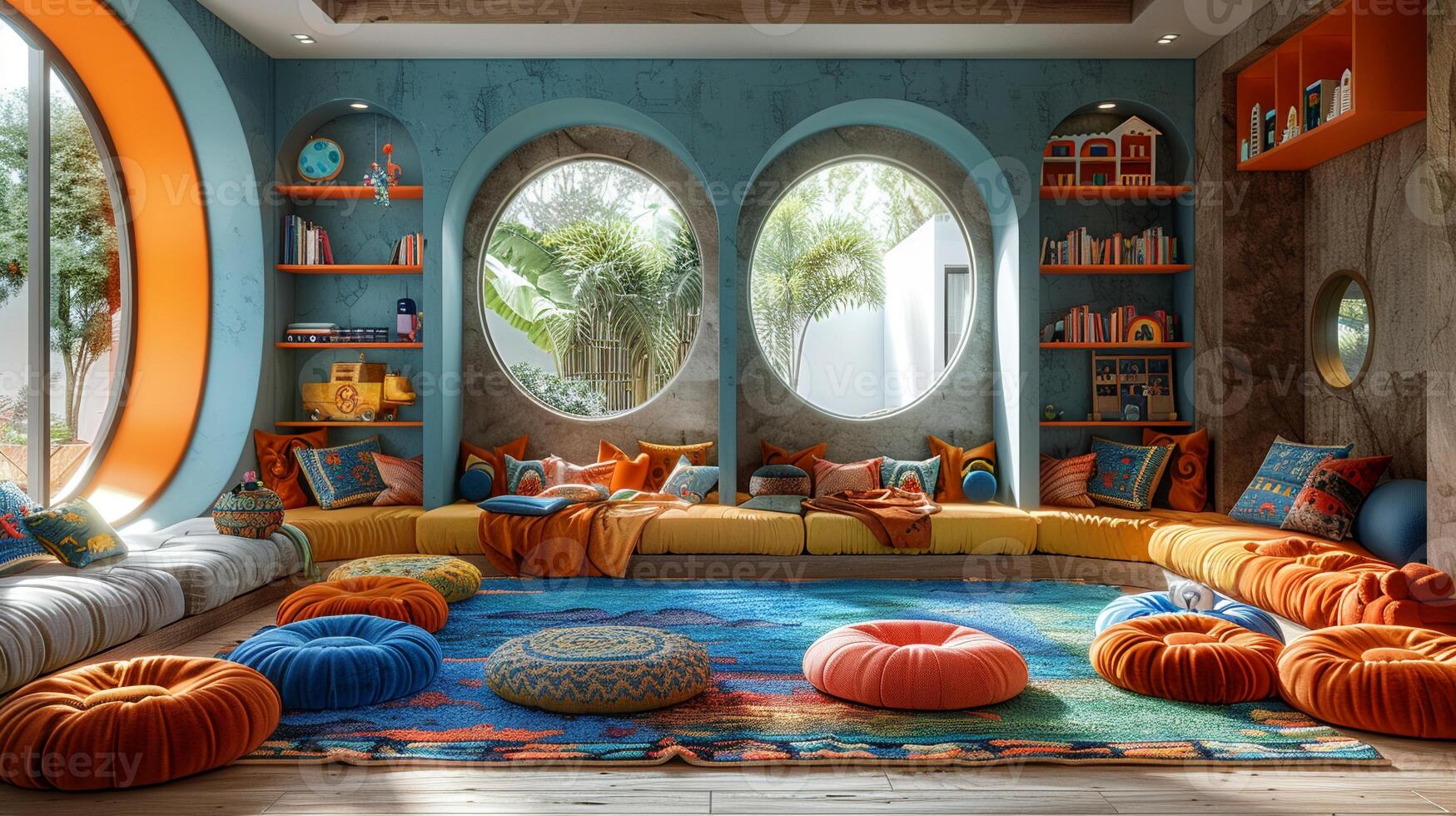 AI Generated Whimsical childrens playroom with bright colors and imaginative decor3D render photo