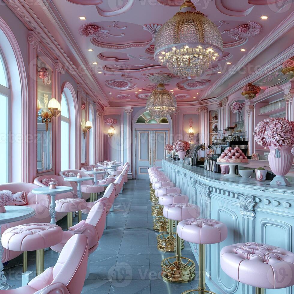 AI Generated Whimsical ice cream parlor with pastel colors and vintage decor.3D render photo