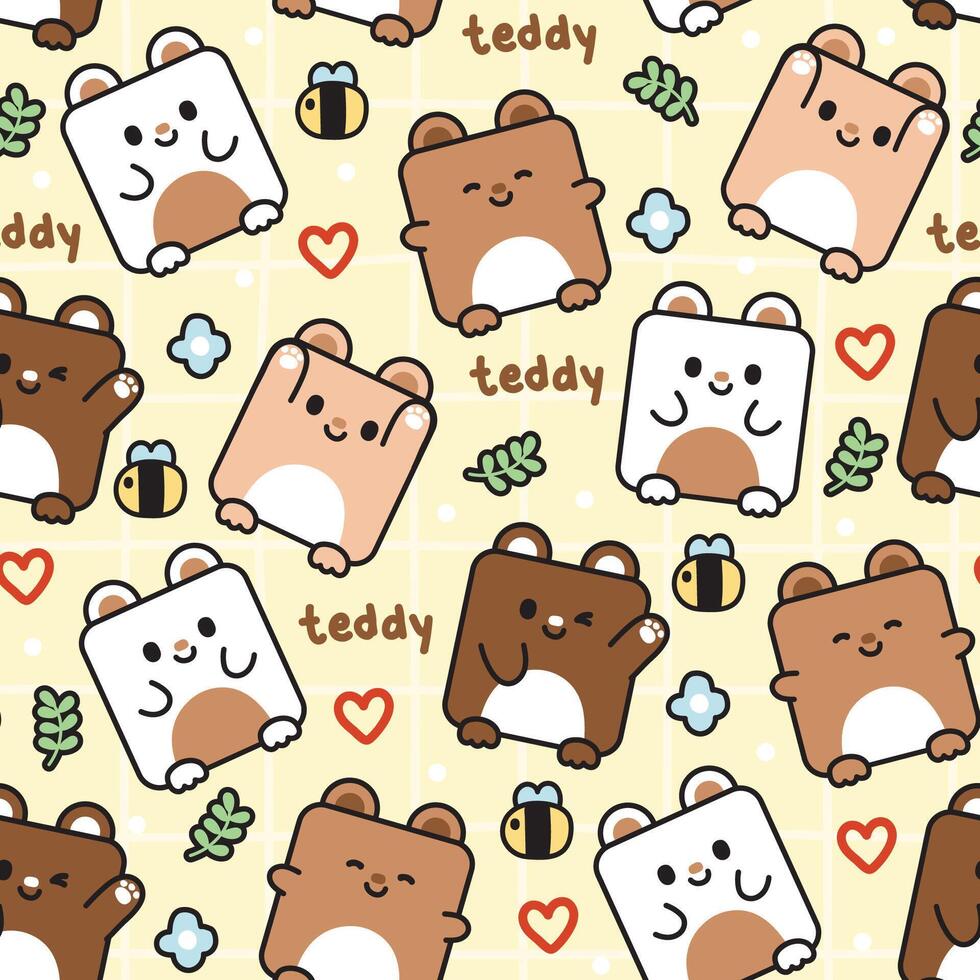 Seamless pattern of cute teddy bear in square shape with heart bee and flower on pastel background.Nature.Wild animal character cartoon design.Clothing print screen.Baby graphic.Kawaii.Vector vector
