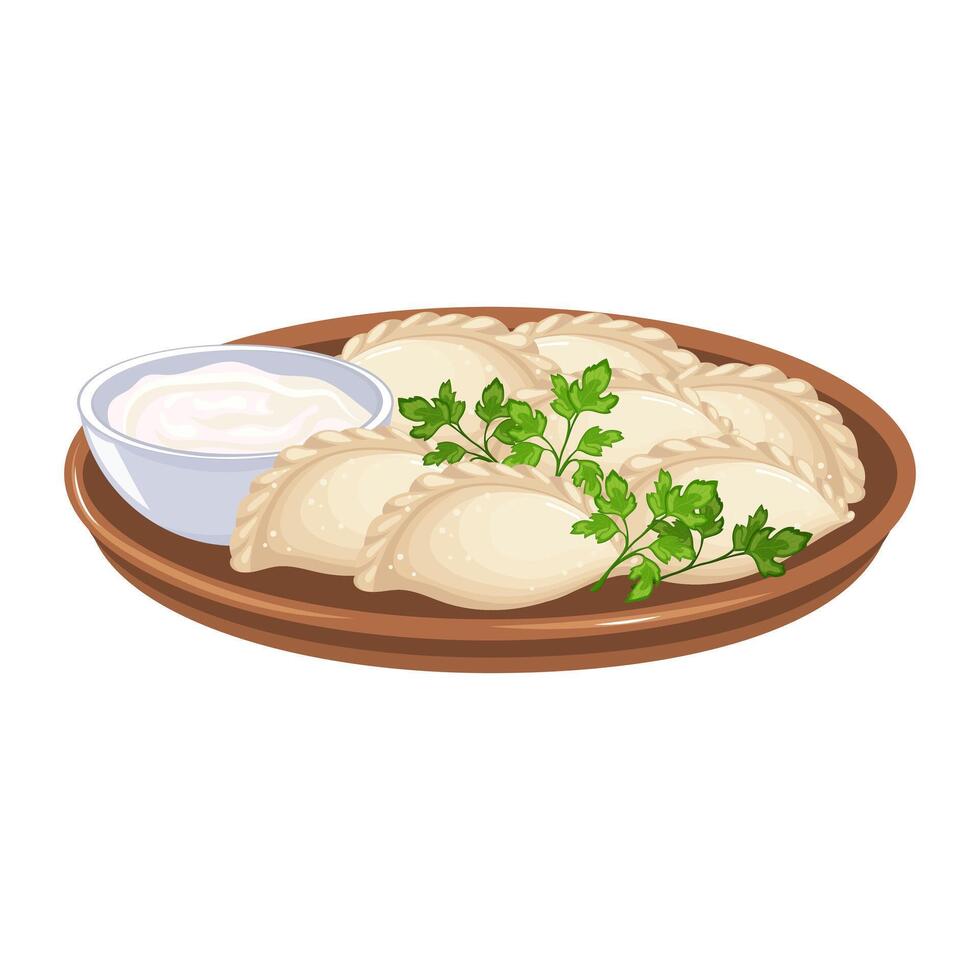 Vareniki. Pelmeni. Meat dumplings. Food, national cuisine of Ukraine and Russia. Dough and meat products. Vector