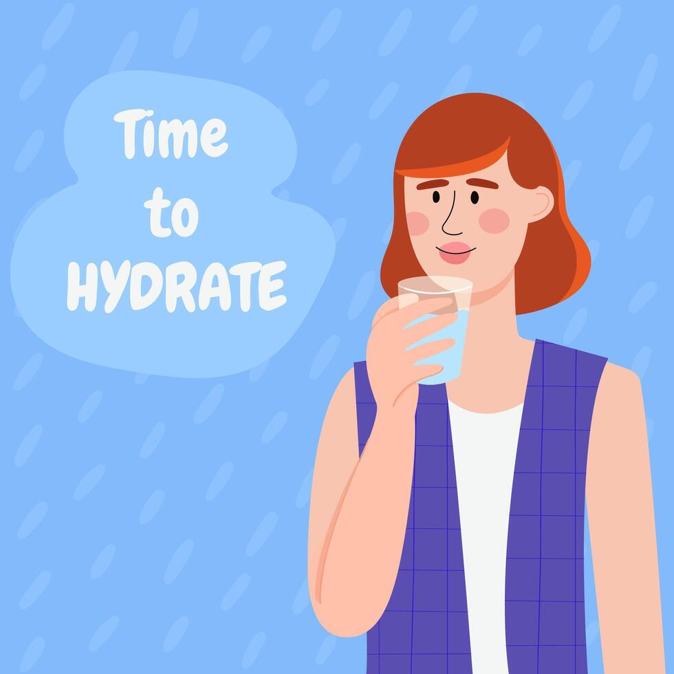 Woman drinking water from a glass,holding it in her hands.Time to hydrate. Healthy lifestyle. vector