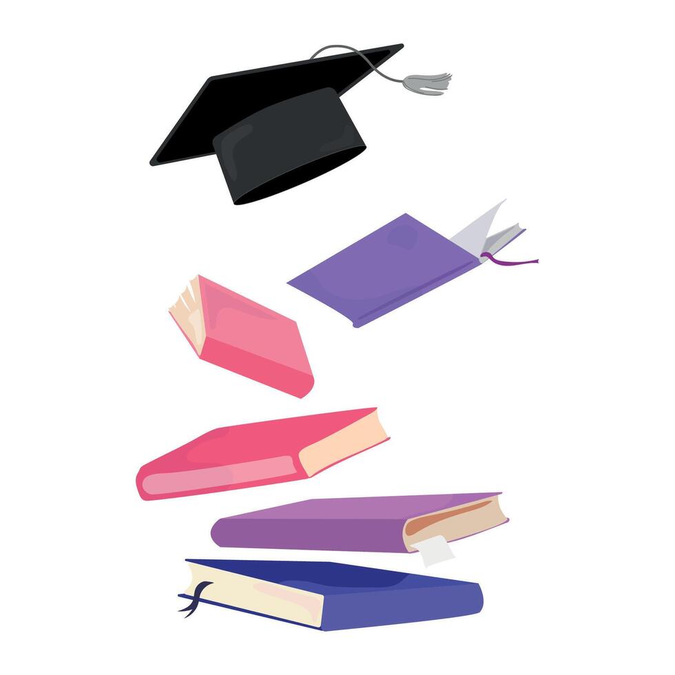 Flying books textbooks and graduate cap vector illustration.Graduation concept.Academic cap with textbooks in the air