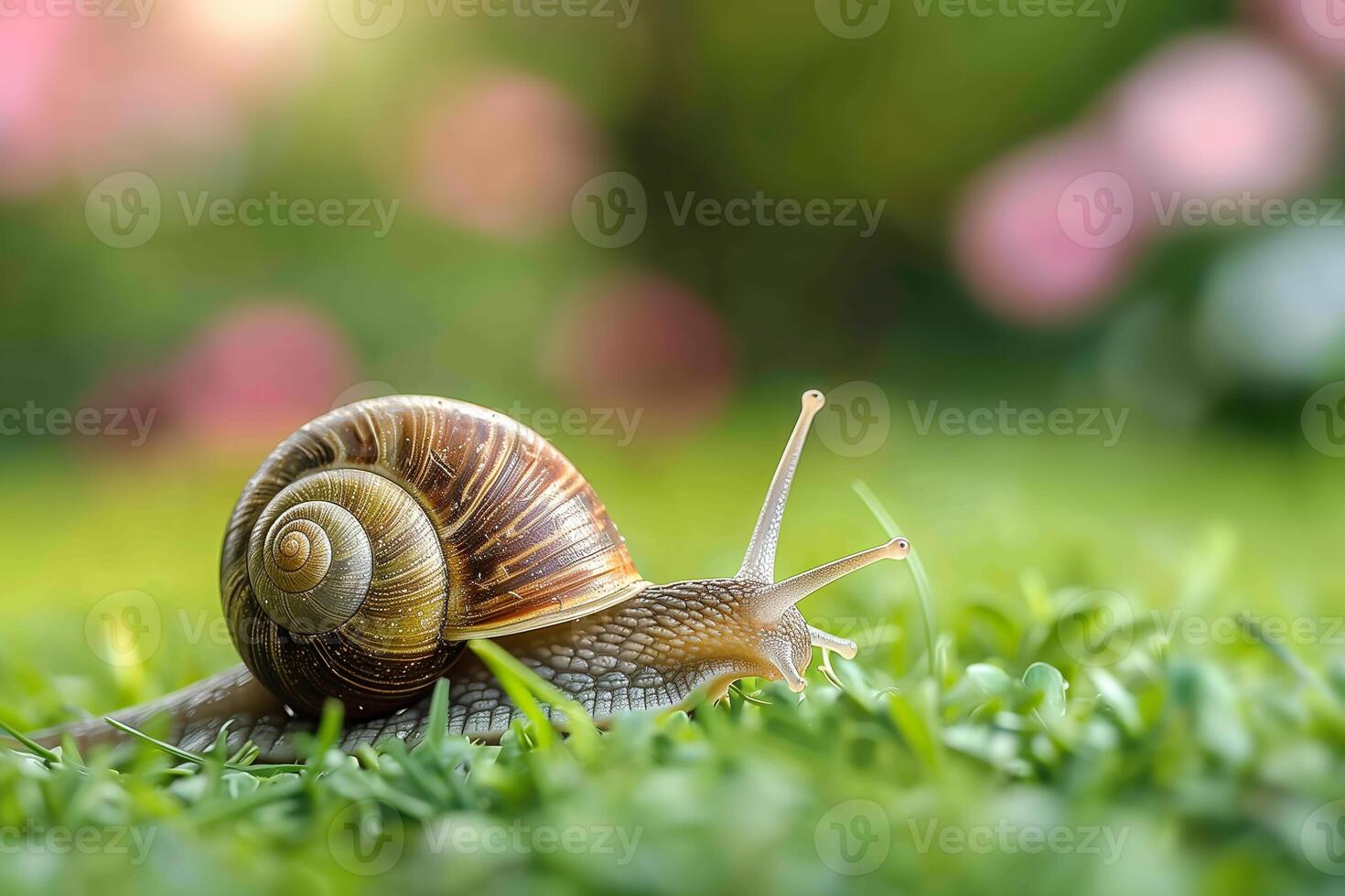 AI generated snail in garden with morning dew.Generative Ai photo