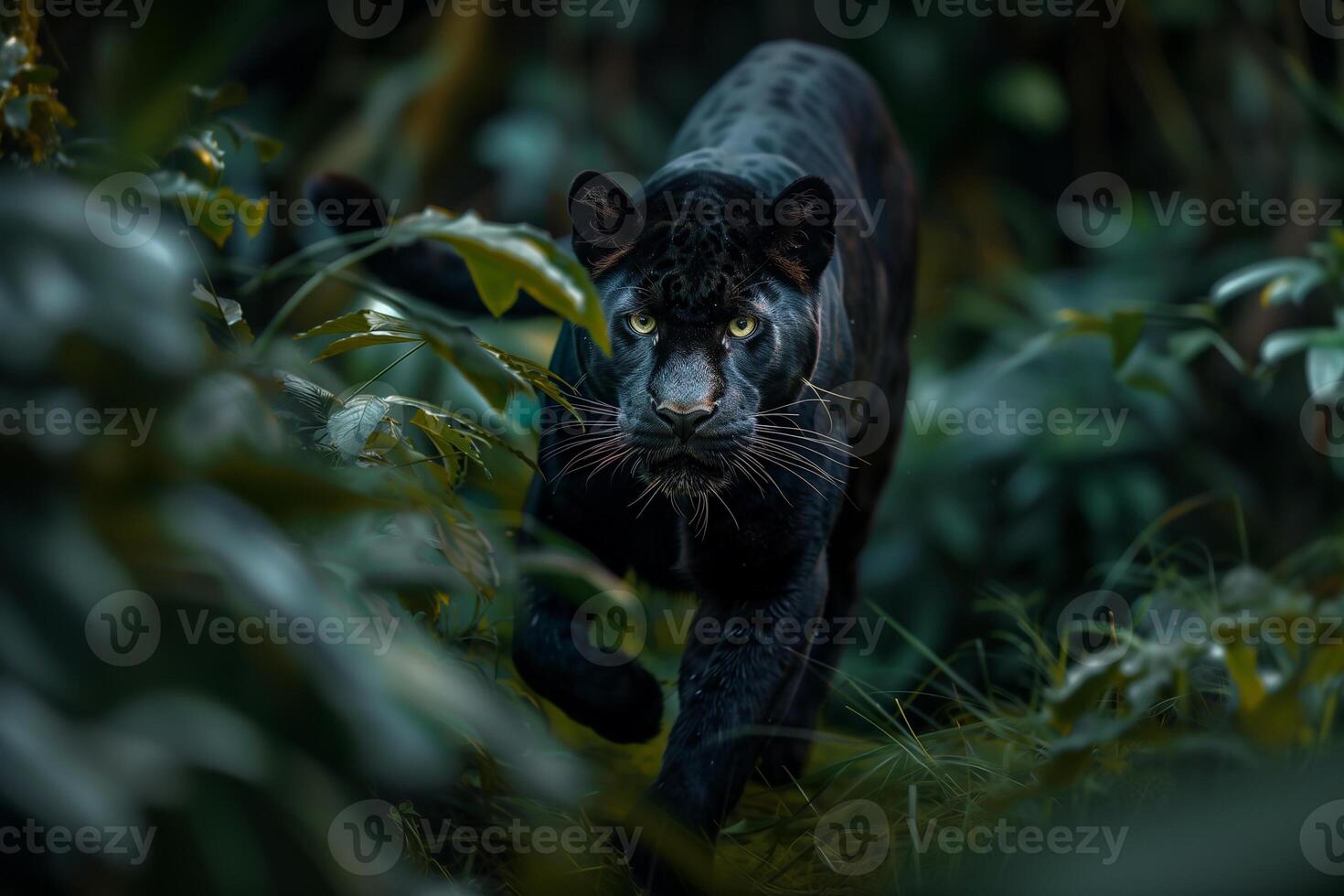 AI generated Black panther in tropical rainforest.Generative Ai photo