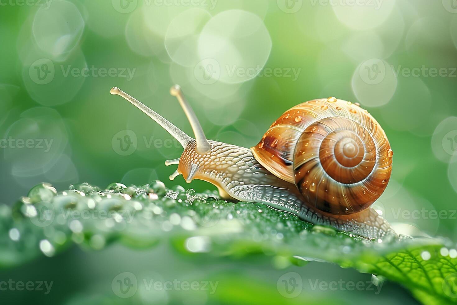AI generated snail in garden with morning dew.Generative Ai photo