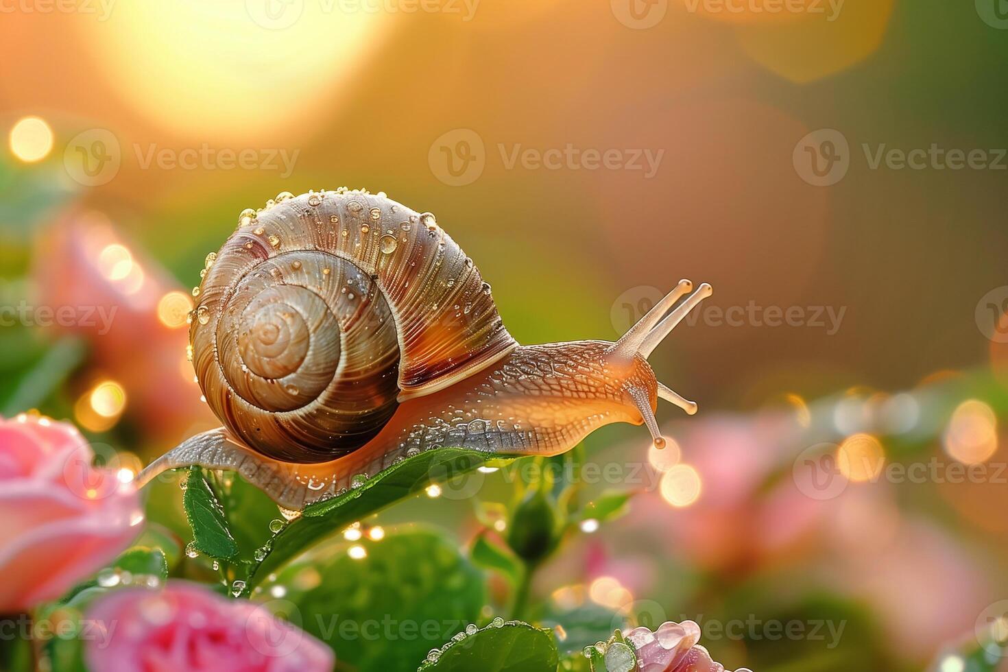 ai generado caracol en jardín con Mañana rocío.generativo ai foto