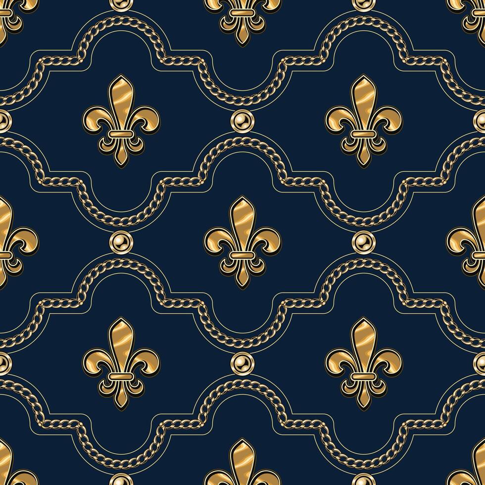 Seamless luxury geometric pattern with jewelry gold chains, beads, Fleur de Li ign. Classic geometric grid ornament. vector