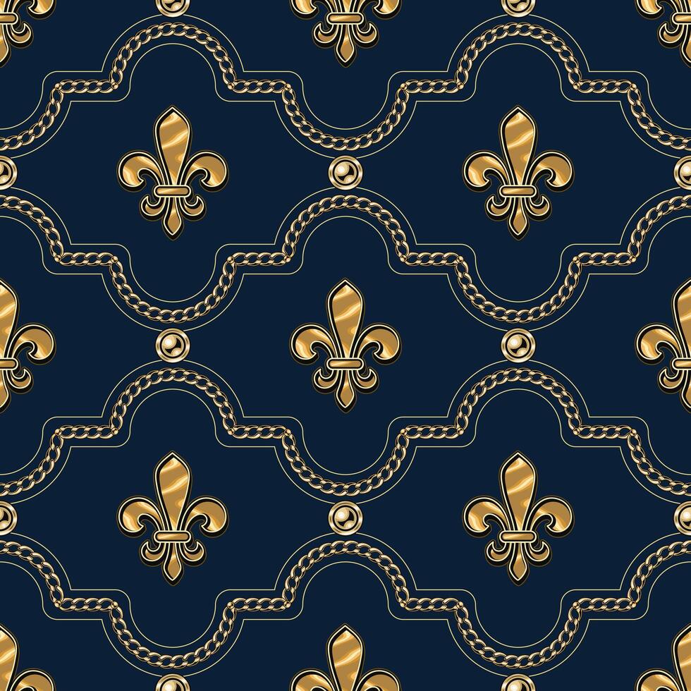 Seamless luxury geometric pattern with jewelry gold chains, beads, Fleur de Li ign. Classic geometric grid ornament. vector