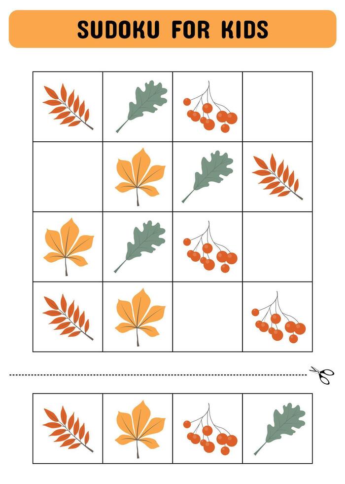 Sudoku game for kids with autumn leaves. Kids activity sheet. Educational game.Web vector