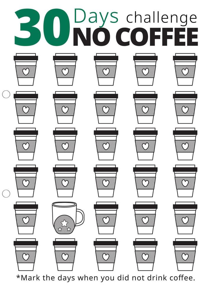 30 Day No Coffee Tracker Printable, 30 Day Challenge Tracker, Editable Habit Tracker, 30 Day Challenges vector