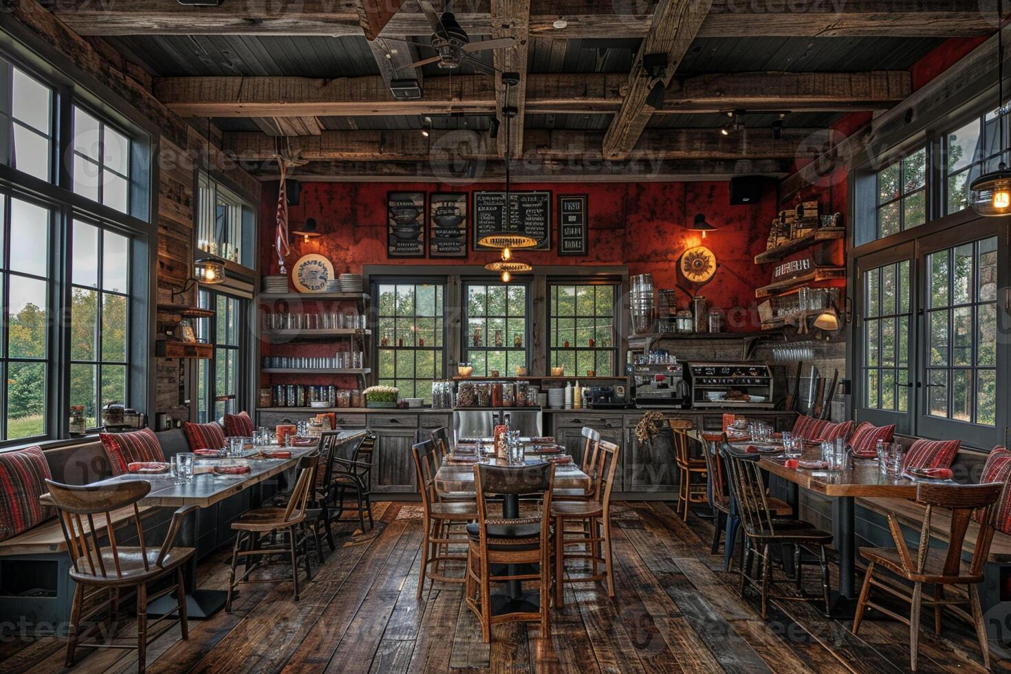 AI Generated Farm-to-table restaurant interior with rustic decor and open kitchen photo