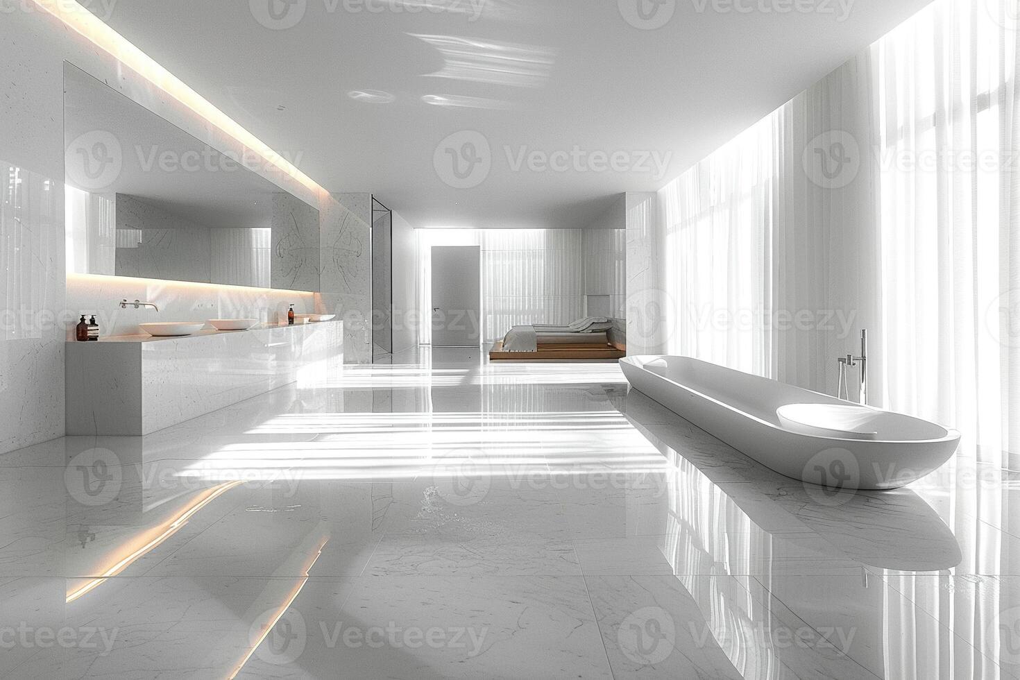 AI Generated Modern minimalist bathroom with clean lines and monochromatic colors photo