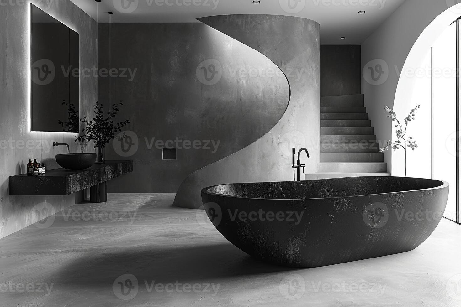 AI Generated Modern minimalist bathroom with clean lines and monochromatic colors photo