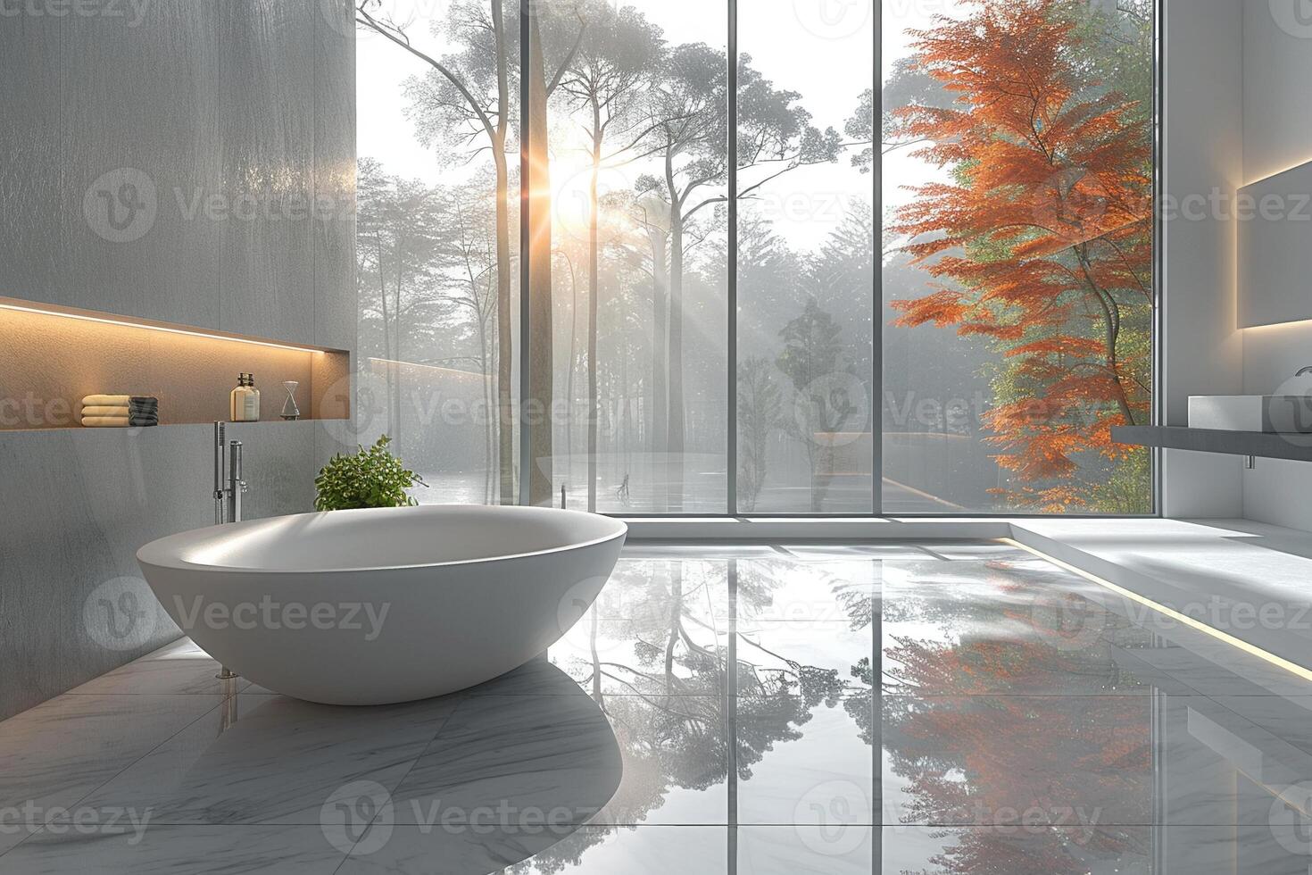 AI Generated Modern minimalist bathroom with clean lines and monochromatic colors photo