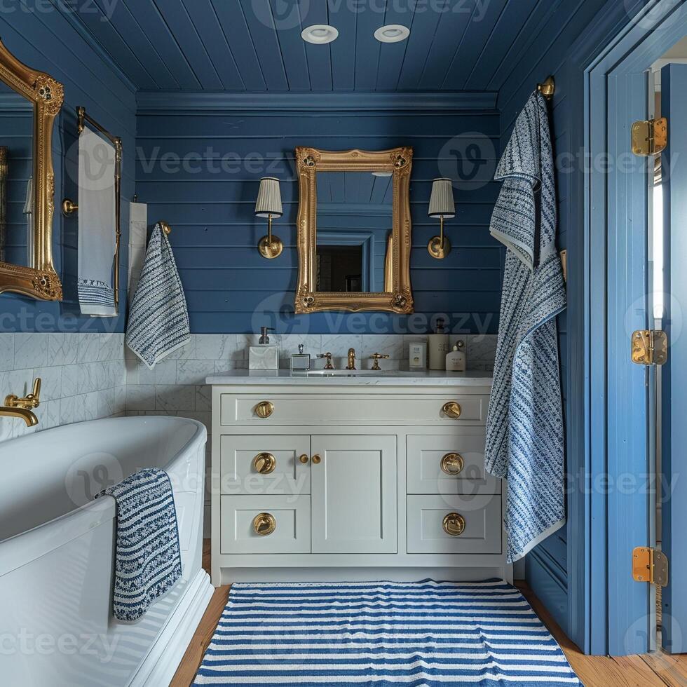 AI Generated Nautical-themed bathroom with navy stripes and brass fixtures photo