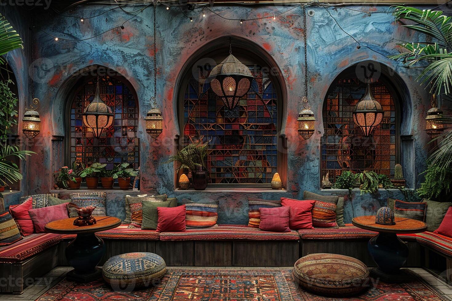 AI Generated Moroccan-style lounge with rich colors lanterns photo