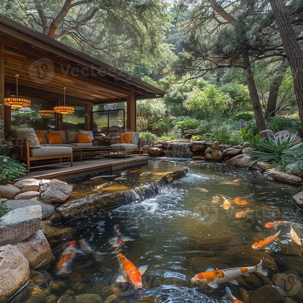 AI Generated Tranquil koi pond with a surrounding sitting area and lush landscaping photo