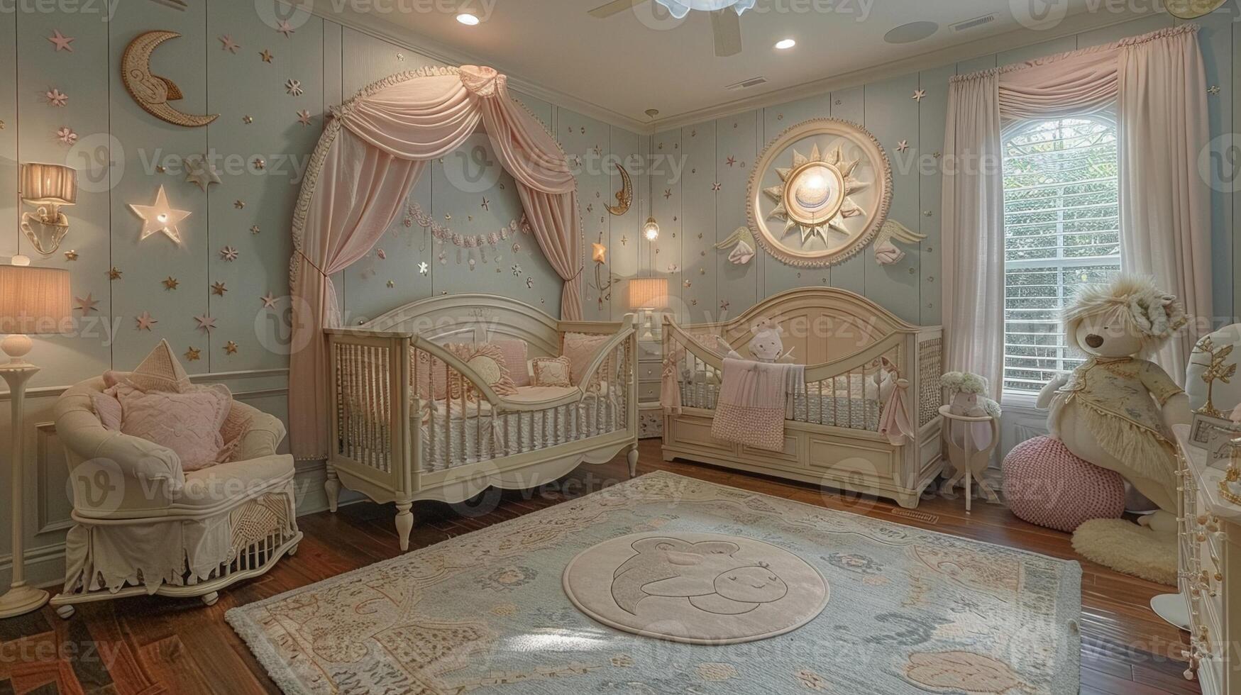 AI Generated Whimsical fairy tale-themed nursery with magical accents and soft colors photo