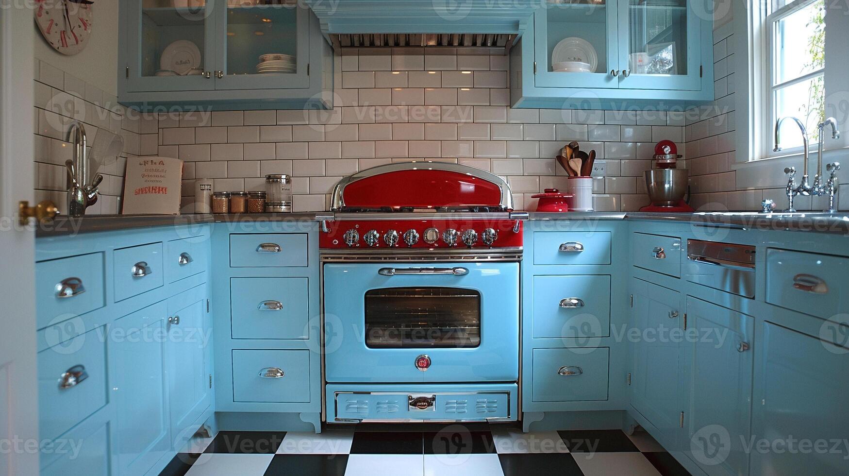 AI Generated Vintage diner-inspired kitchen with checkered floors and retro appliances photo
