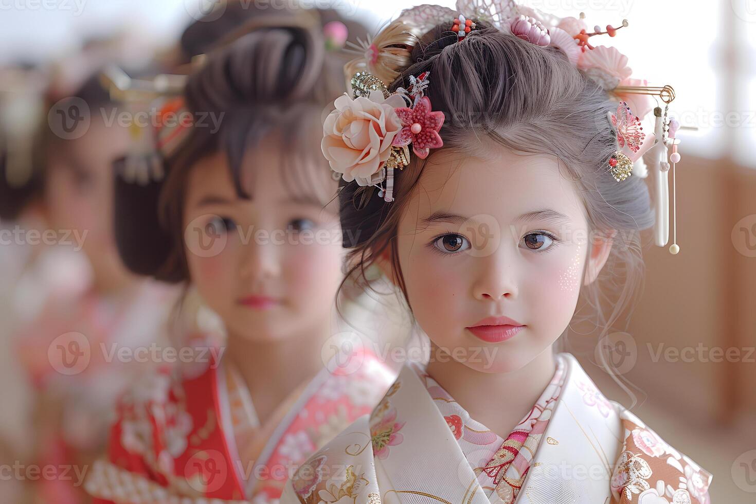 ai generado dos joven muchachas en tradicional japonés ropa generativo ai foto