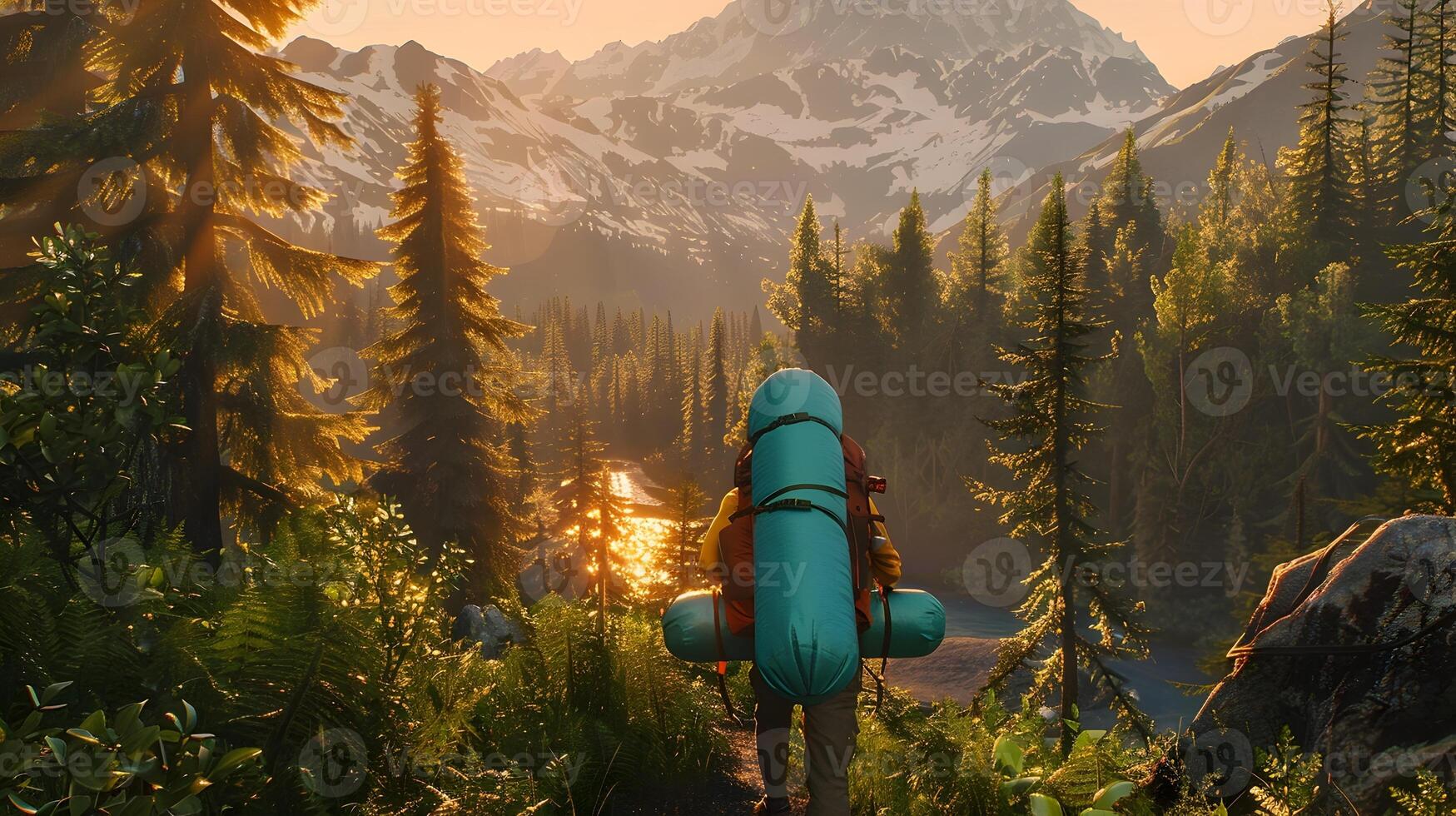 AI generated Backpacker in British Columbias Wilderness with Teal Sleeping Bag at Golden Hour photo