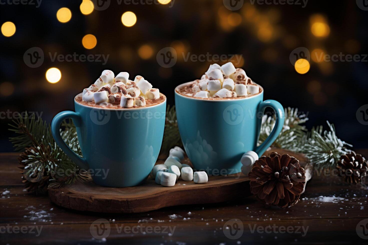 Two cups of Christmas hot chocolite with mini marshmallows. Copy space photo