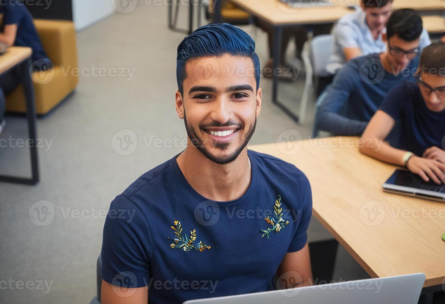 AI Generated A focused student with styled hair smiles at the camera in a classroom. His navy blue shirt and casual demeanor make him appear approachable and dedicated. photo